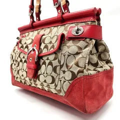 【良品】 COACH コーチ トートバッグ　ハンドバッグ  ショルダーバッグ シグネチャー キャンバス レザー 革 ベージュ 肌色 レッド 赤色 ベルト ユニセックス 男女兼用 メンズ レディース