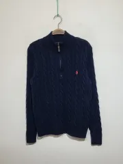 (S) ラルフローレン ポロ ケーブル編み ニット ネイビー ケーブル ハーフジップ セーター