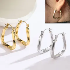 フープピアス 人気 ねじれデザイン シルバー　ゴールド チタン シンプル エレガント