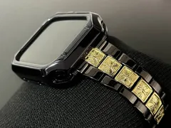 ブラック&ゴールド黒★Apple Watchバンド リンクブレスレット ステンレス アップルウォッチカスタムベルト メッキ加工TPUカバー 保護ケース 38mm40mm41mmm42mm44mm45mm46mm49mm ultra ウルトラ メンズ レディース