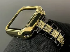 ブラック&ゴールド金★Apple Watchバンド リンクブレスレット ステンレス アップルウォッチカスタムベルト メッキ加工TPUカバー 保護ケース 38mm40mm41mmm42mm44mm45mm46mm49mm ultra ウルトラ メンズ レディース