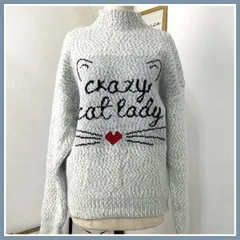 ニット セーター レディース 秋 冬 猫 トップス 長袖 ゆったり セーター プルオーバー タートルニット グレー