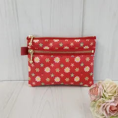 赤い小花　ミニダブルファスナーポーチ　　カード入れ