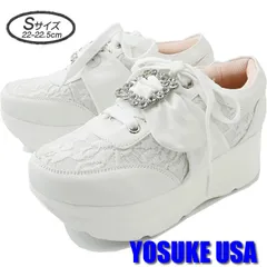 ♡新品未使用♡ Sサイズ 22.5cm ヨースケ YOSUKE 厚底スニーカー オフホワイトコンビ 白 レディース 厚底シューズ ローカット ビジューバックル 6cmヒール 靴   MY1347-445