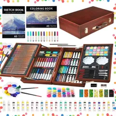 【特価商品】(ライトブラウン) 男の子 女の子 子供 初心者 アーティスト 大人 デラックスポータブル2層木製ギフトボックス スケッチパッド付き アート&クラフトキット 139ピース - アート用品ケース アートセット KINSPORY