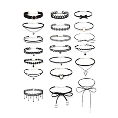 [YFFSFDC] チョーカー ネックレス 黒 20点セット シンプル おしゃれ レディース choker リボン作り 花のレース 伸縮タイプ ペンダント付き 首輪 アクセサリー 0