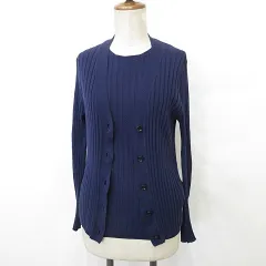 アリュード Allude ニット アンサンブル カーディガン 長袖 Vネック ボタン開き ノースリーブ 丸首 ワイドリブ 紺 ネイビー S