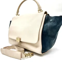 【良品】 CELINE セリーヌ トラペーズ レザー 2way ハンドバッグ ショルダーバッグ バイカラー ホワイト クリーム ゴールド金具 スウェード レディース