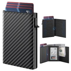 typecase Men's Wallet Card Holder: Smart Wallet Pop-Up Aluminum Case, Leather, RFID Blocking, Slim, Minimalist, Front Pocket - 9-14 Card Capacity | ID Window | Cash Slot Carbon Fiber (Black)