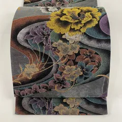 【美品】 袋帯 秀品 振袖向き 牡丹 流水 金銀糸 箔 銀色 六通 正絹 【中古】