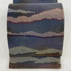 【美品】 袋帯 秀品 段縞 幾何学 箔 灰紫 六通 正絹 【中古】