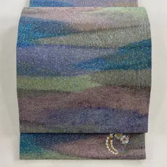 【美品】 袋帯 秀品 ワンポイント柄 霞 金通し ぼかし 青緑 全通 正絹 【中古】