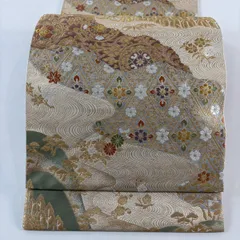 【美品】 袋帯 秀品 服部織物 落款 華文 樹木 箔 金糸 金色 六通 正絹 【中古】