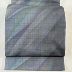 【美品】 袋帯 秀品 落款 格子 幾何学 銀通し 青灰色 全通 正絹 【中古】
