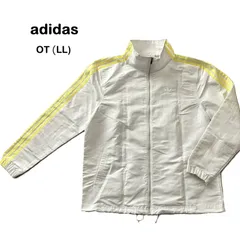 【adidas/アディダス】ジップアップジャケット アウター トラックジャケット ウインドブレーカー 大きいサイズ やや光沢 ホワイト 白 3本ライン（中古）