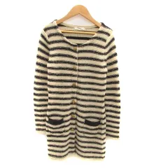 ナチュラルビューティーベーシック NATURAL BEAUTY BASIC ニットカーディガン ラウンドネック ロング丈 ボーダー柄 ウール混 M ベージュ 黒 ブラック /HO43