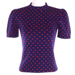 極美品◇GUCCI グッチ 623606 ウール100％ ダブルG ドット柄 クルーネック 半袖ニット ネイビー レッド XS 伊製 正規品 レディース 極美品◇GUCCI グッチ 623606 ウール100％ ダブルG ドット柄 クルー