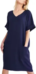 Otosuzu ワンピース レディース Vネック 膝丈 半袖 カジュアル ナチュラル オリジナル (ネイビー,  M)
