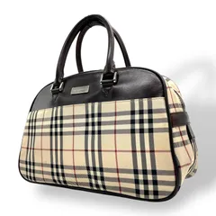 美品 バーバリー BURBERRY ハウスチェック ノバチェック ボストンバッグ レザー キャンバス 茶色 ブラウン×ベージュ ロゴプレート C7