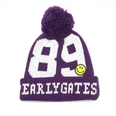 【超美品】パーリーゲイツ ニット帽 パープル×白 ニコちゃん スマイル ボンボン付き FR  ゴルフウェア PEARLY GATES