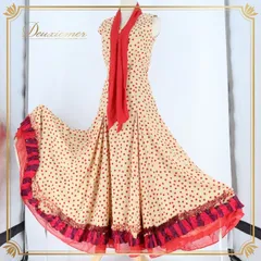 フラメンコ 衣装 ワンピース ドレス ペチコート 水玉 ドット ボランテ フリル 赤 ボウタイ レース レトロ かわいい ベージュ系 レッド系 イエロー系 オシャレ パーティー イベント かわいいデザイン
