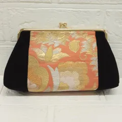 着物アップサイクル品 がま口ポーチ ブラック オレンジ 和柄 メイクポーチ コスメポーチ  ペンケース AFM11-32