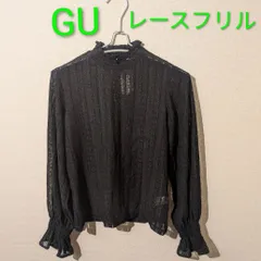GU レース フリルネックT レディース S ブラック レース ブラウス Tシャツ シースルー  透け感 オフィスカジュアル オフィス 仕事着 シンプル お出かけ デート スマートカジュアル おしゃれオフィスカジュアル 普段着 私服 おしゃれ着