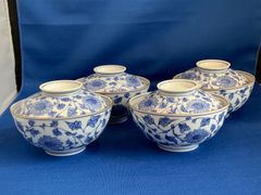 有田焼 賞美堂 其泉 染付 祥瑞 梅花鳥紋 蓋付き多用丼揃え 5客