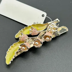 【新品】ヘアアクセサリー ヘアクリップ  可愛い 花 大きめ ピンク×グリーン フェイク パール レディース キレイ◆