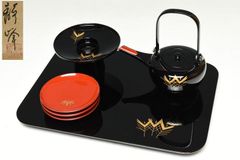 未使用 茶道具 輪島塗 木製 松の庄沈金蒔絵 屠蘇器 四ツ揃 漆芸 舟掛