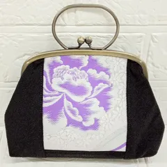 着物アップサイクル品 がま口ハンドバッグ ポーチ ブラック ホワイト パープル 和柄 AFM11-33