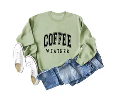 【オリーブグリーン】スウェット トレーナー ロゴ 英字プリント 黒フォント レディース ゆったり 暖かい トップス 秋冬 コーヒー おしゃれ カジュアル