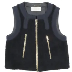 クロエ CHLOE ラムスキン レザー ムートン ボア ベスト ノースリーブ ジャケット ブルゾン ノーカラー ダブルジップ 上着 イタリア製 サイズ34 XS ネイビー レディース YBA11のサムネイル