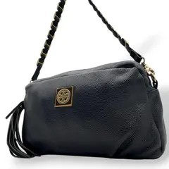 TORY BURCH トリーバーチ ショルダーバッグ ハンドバッグ 2WAY チェーンショルダー タッセル フリンジ デカロゴ レザー 本革 シボ革 ブラック 黒 ゴールド金具 レディース エレガント クラシック 大容量 クリーニング済み s39