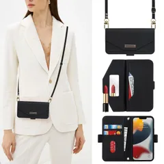 【新着商品】ストラップ付き ミラー カード収納 手帳型 財布 スマホケース あいふぉん13ケース iphone 13 鏡 クロスボディケース 肩がけ ショルダー 耐衝撃 レザー iphone13ケース アイホン13ケース カバー 【Hamany】 -黒