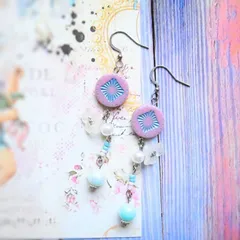 ピンク　お花　ロング　ピアス　イヤリング　フェミニン　ドロップ　ビーズアクセサリー　レトロ　パール　ブルー