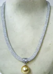 ほぼ未使用 シルバー ネックレス 南洋真珠 ゴールデンパール付14.5～15mm
