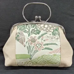 着物アップサイクル品 がま口ハンドバッグ ポーチ ベージュ 和柄 花 鶴 AFM11-34