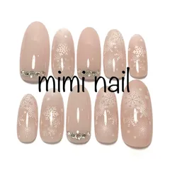 現品限り ピンクベージュ＆雪の結晶ネイルチップ ハンドメイド ロング ジェルコート済