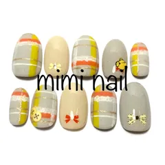 現品限り グレーチェック＆クマさんネイルチップ ハンドメイド オーバル小さめサイズ ジェルコート済