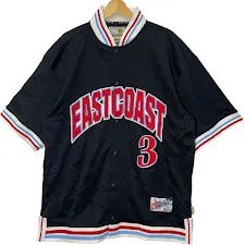 BUDABEAN EASTCOAST 3 チーム スポーツ ベースボール ジャージ ノーカラーシャツ ベースボールシャツ 半袖シャツ フロント刺繡 袖刺繡 オーバーサイズ ビックシルエット Lサイズ ブラック