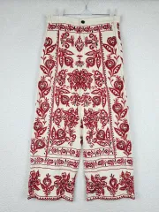 ZARA ザラ レディース レッド 刺繍 ワイド9分丈 パンツ(M)