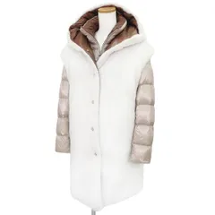 ヘルノ☆エコファー襟ダウンコート40美品ベージュ Herno Faux Fur Down Jacket (40) ヘルノ☆エコファー襟ダウンコート40
