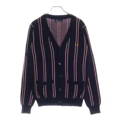 FRED PERRY (フレッドペリー) V Neck Jacquard Cardigan 刺繍 ロゴ Vネック ストライプ ジャガード ニット カーディガン ネイビー/レッド F3156