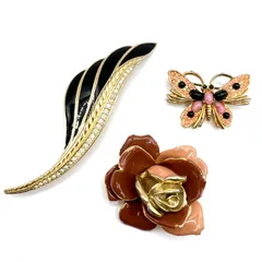 ブローチ アクセサリー小物 3点セット蝶々薔薇バラフェザー羽 レディース ゴールドカラー ギフト プレゼント