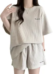 Magno(マグノ) レディース ルームウェア 部屋着 半袖 カットソー トップス ショートパンツ 上下 2点 セット (グレージュ,  M)