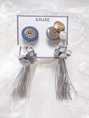 【No.14】アンティーク ボタン グレー タッセル イヤリング