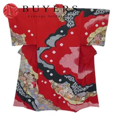 【中古】 訪問着・付下 正絹 レッド ブラック 男仕立て 大衆演劇 舞台 和装 呉服 和服 きもの レディース 女性