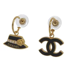 シャネル CHANEL ハット カメリア ココマーク ピアス GP ブラック ゴールド色 02A 中古 新入荷 CH1111