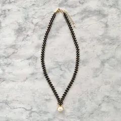 プラスチックビーズ マザーオブパール 茶蝶貝 ビーズステッチネックレス ブラック ゴールド ホワイト 42~46㎝ No.1987